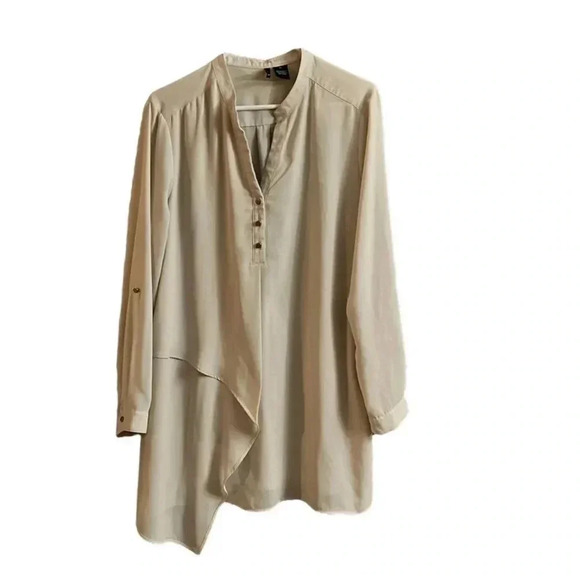 New Directions Cream Mandarin Collar Asymmetrical Blouse - Picture 1 of 3